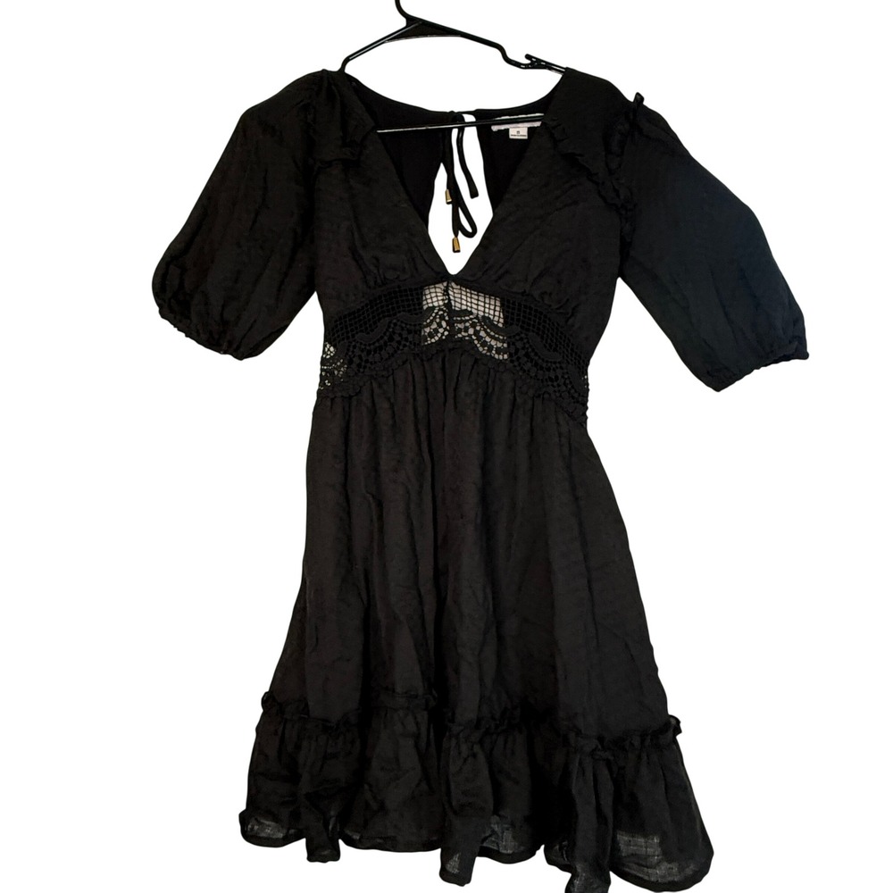 HYFVE Black Crochet Lace Cutout Mini Dress Small Puff Sleeve Boho Romantic